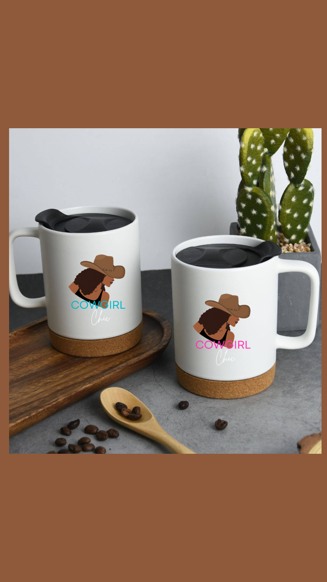 Cowgirl Chic 14 OZ Coffee Mugs with lid & Removeable Cork Base