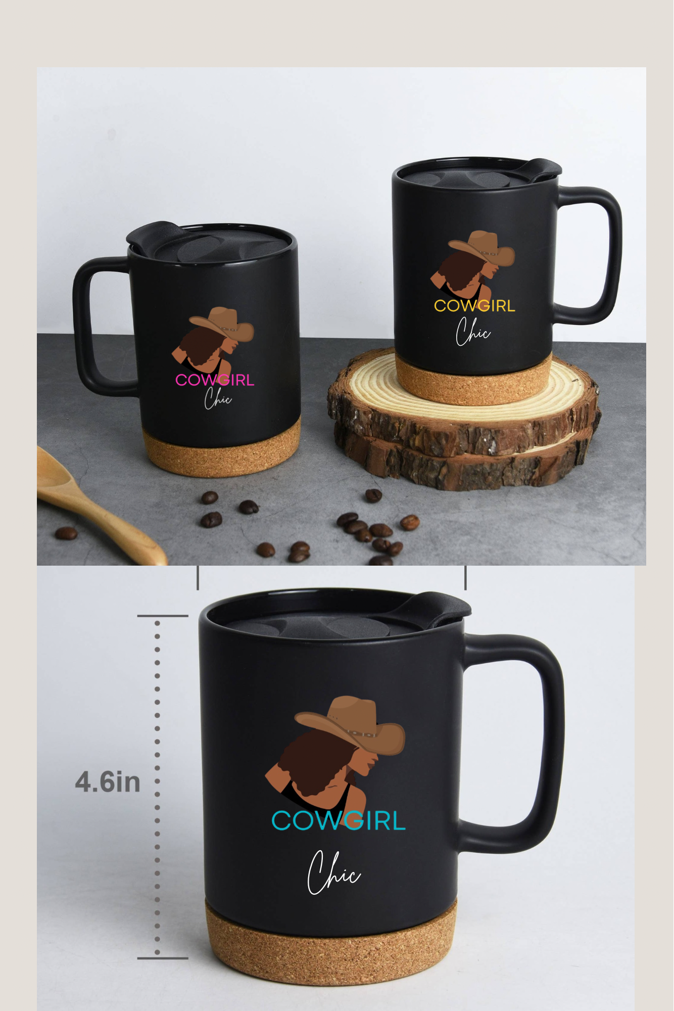 Cowgirl Chic 14 OZ Coffee Mugs with lid & Removeable Cork Base