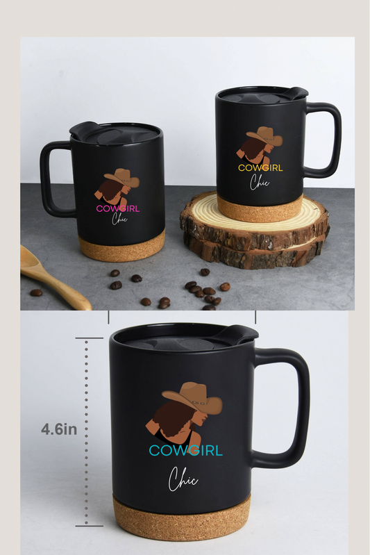 Cowgirl Chic 14 OZ  Coffee Mugs with lid & Removeable Cork Base