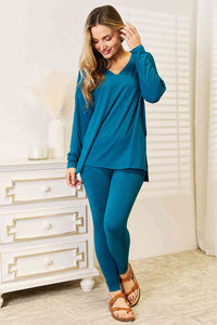 Lazy Days Full Size Long Sleeve Top and Leggings Set - Teal