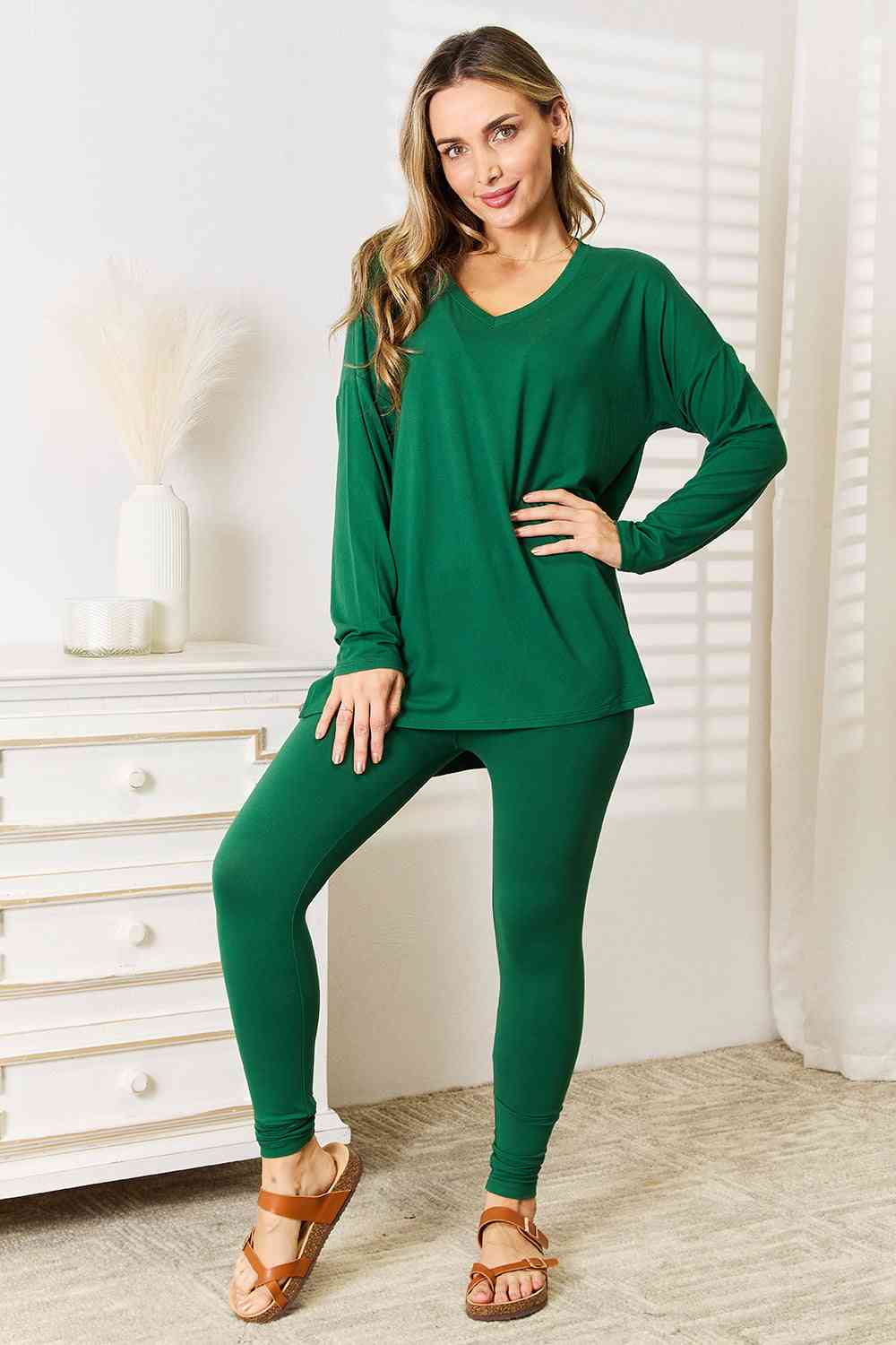 Lazy Days Full Size Long Sleeve Top and Leggings Set Green